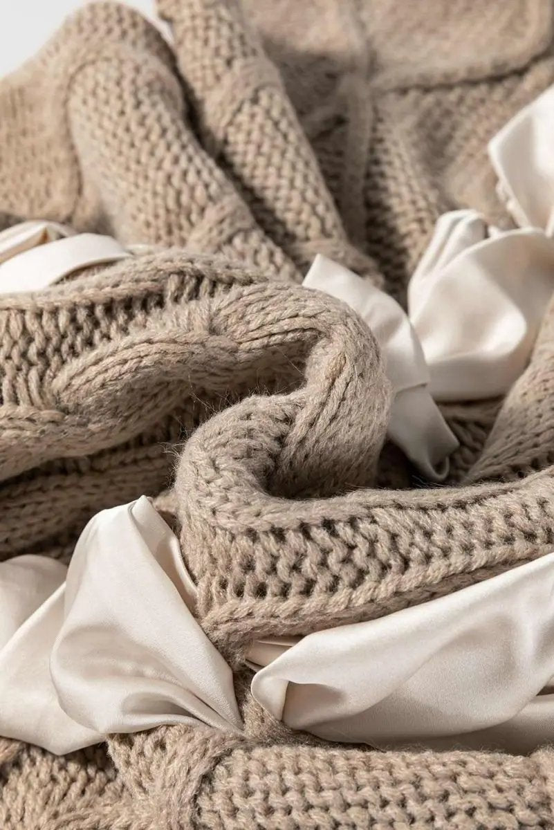 Chic Taupe Colorblocked Cable Knit Sweater with Satin Bow Detail - Love Salve